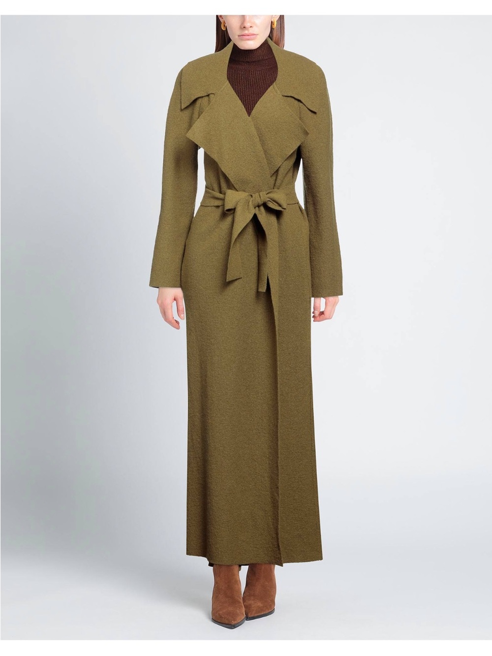 Chiara Boni Olive Long Wrap Coat with Self-Tie Belt